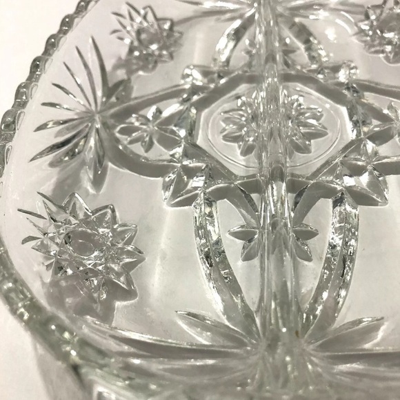 Set of 2 Identical Depression Cut Glass Divided Relish Trays Clear Oval Star - Picture 12 of 13